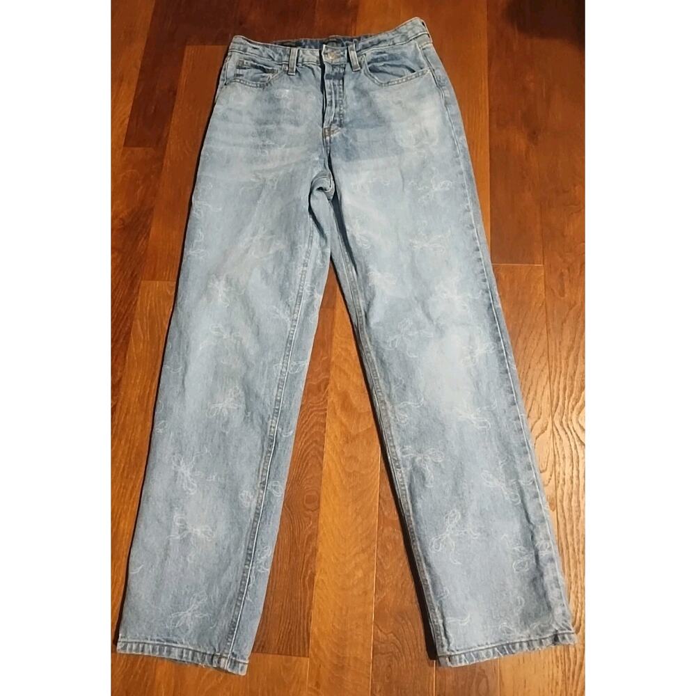 Womens 8 Blue Denim High Rise Straight Jeans Bow Button Light Wash Wild Fable